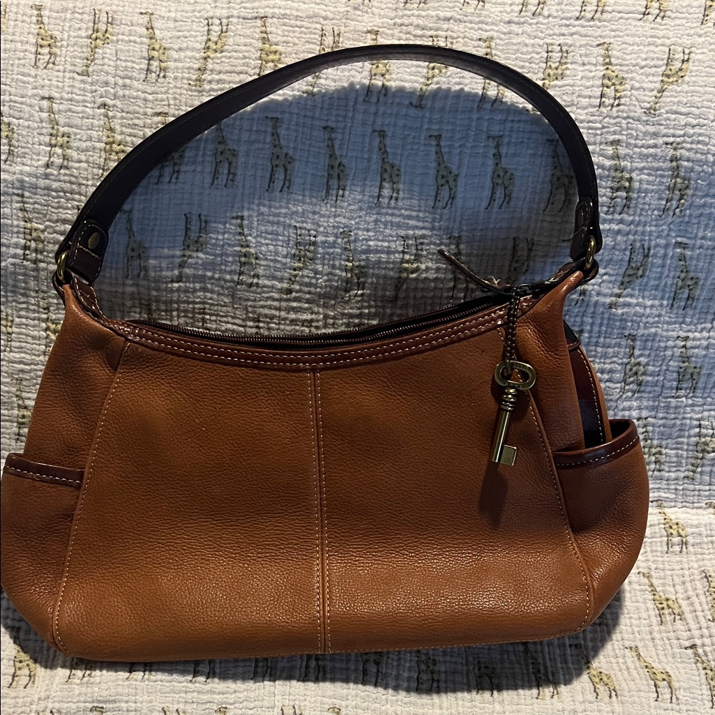 Vintage Fossil Key Brown Leather Shoulder Bag Brass Hardware Good Condition